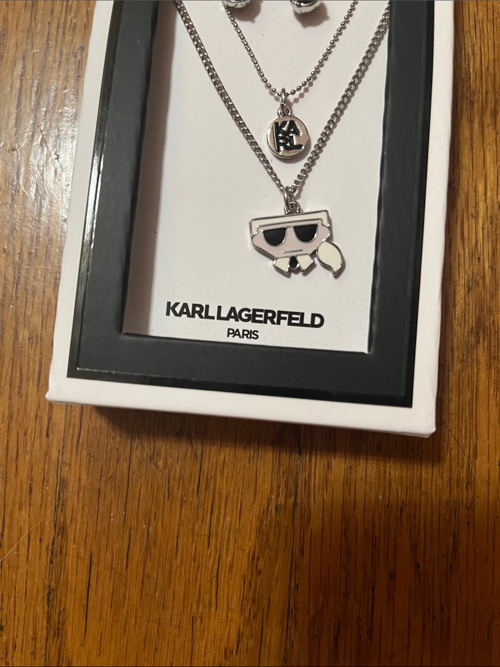 NWT Karl Lagerfeld 3 Piece Set Silver Necklaces and Black Enamel Stud Earrings - Picture 4 of 6